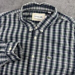 Lacoste Shirt Mens L Green Blue Plaid Slim Fit Button Down Long Sleeve Poplin